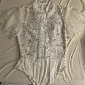 NWOT white bodysuit with lace overlay